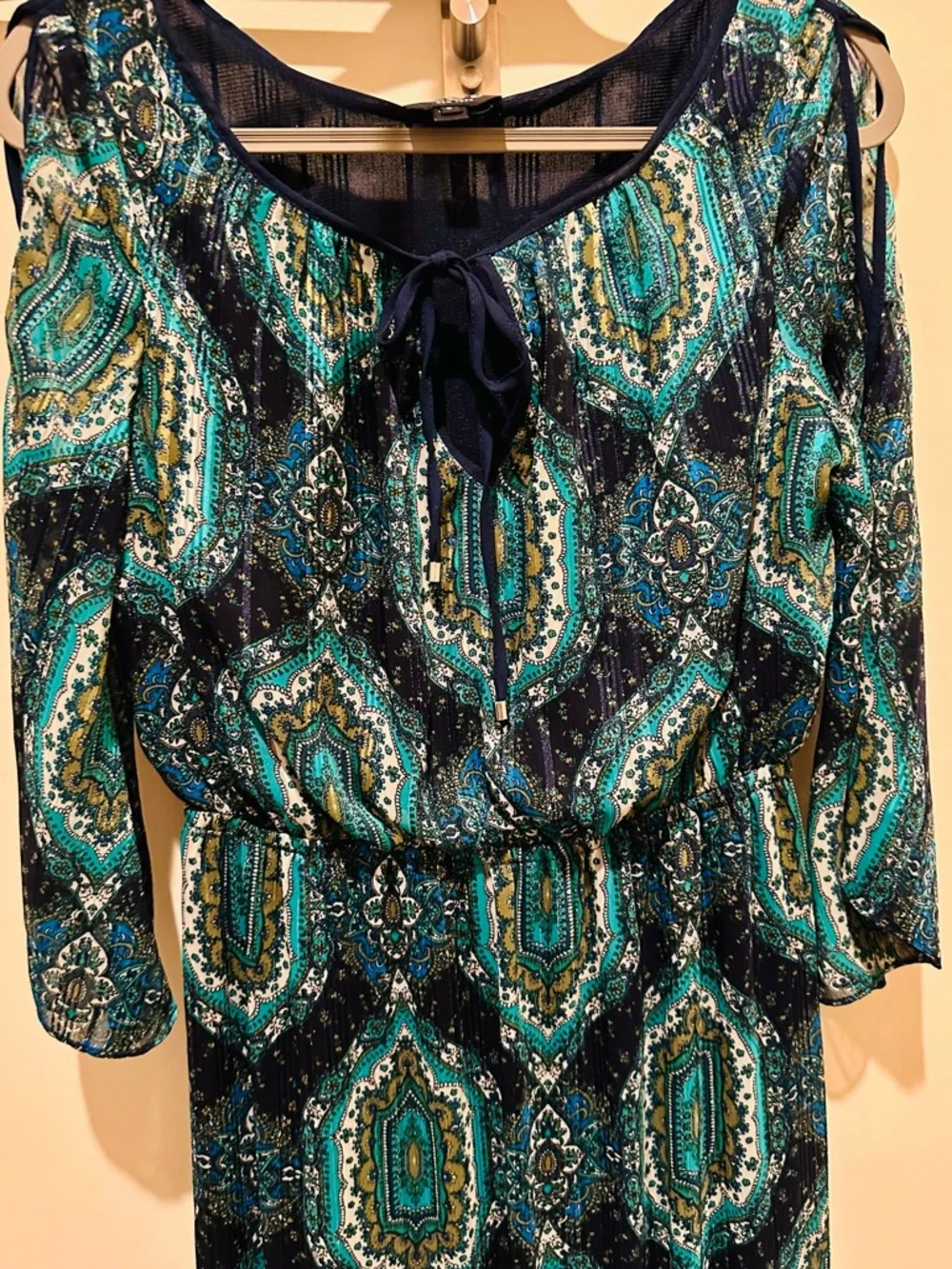 ECI Teal and Navy Printed Maxi Dress with Tie Neck - Picture 3 of 6